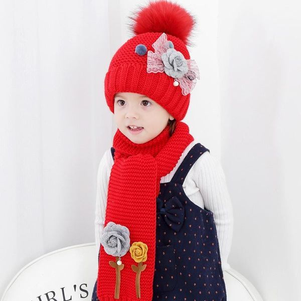 

kids winter hats girls boys children crochet warm caps scarf set baby flower cute hat for girl boy1, Yellow