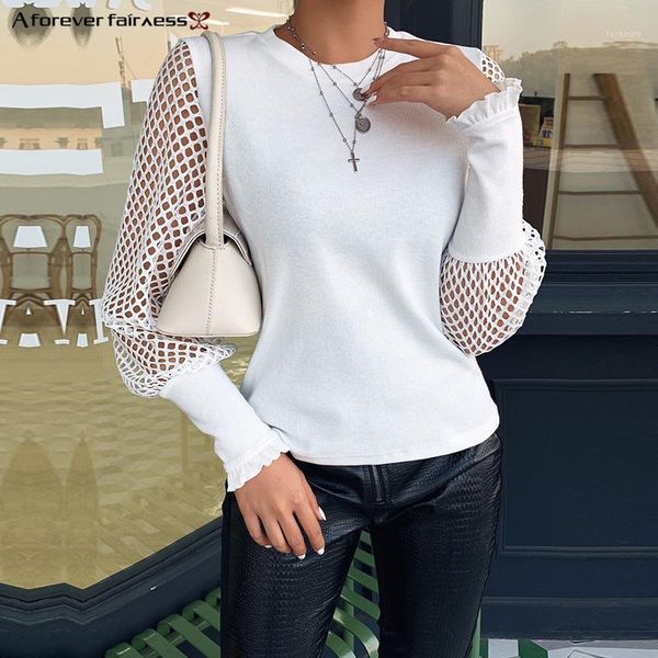 

a forever fairness 2020 spring women bottom shirt mesh sleeve hollow slim white casual blouse -12321