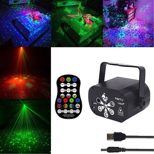 USB ricaricabile 120 modelli Proiettore laser Luci RGB + UV DJ Disco Stage Party Lights per Natale Halloween Compleanno Matrimonio Y201006