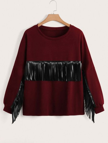 

plus fringe trim drop shoulder pullover x2aa#, Black