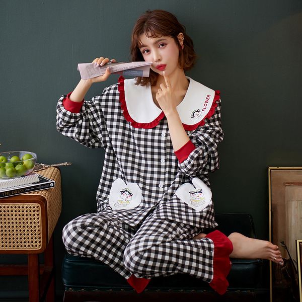 

2021 new autumn spring cotton pajama set for women plus size printing plaid nightwear down collar sweet female sleepwear amgc, Black;red
