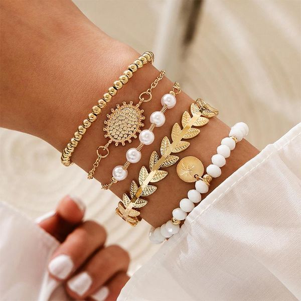 

link, chain 5 pcs/set women fashion bracelets set gold color leaf geometric pearl beaded bracelet ladies beach summer classic jewelry, Black