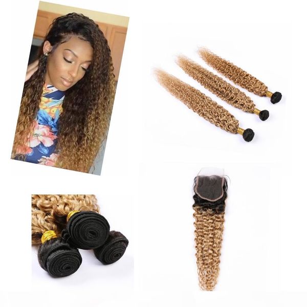 

virgin ombre hair bundles with closure 4" * 4" dark root raw human hair ombre honey blonde bundles #1b #27, Black;brown