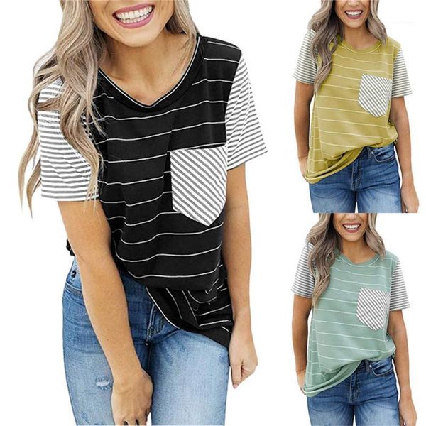 

womens stripe pocket sequins splicing t-shirt short sleeves v-neck easy shirt lady tee shirt femme pullover plus size1, White
