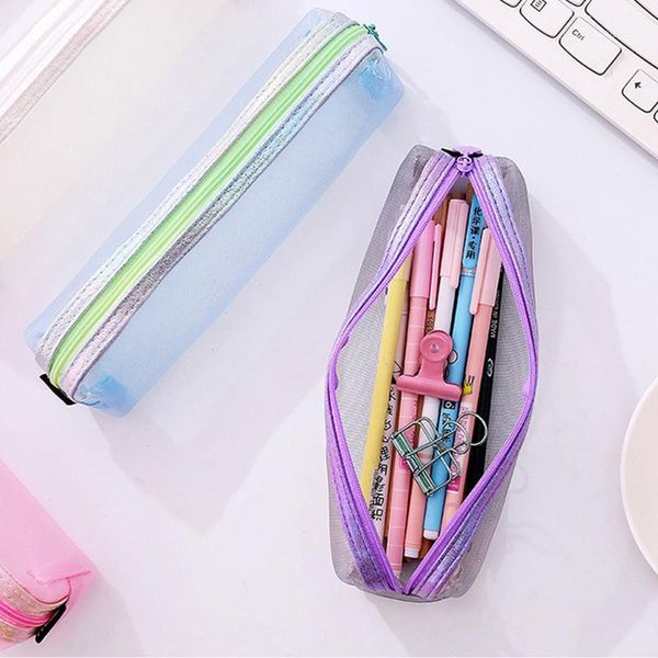 

korean net yarn pencil case color transparent pen bag student school supplies pink square pencilcase for girls stationery bags1