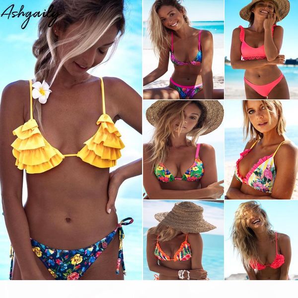 

2019 brazilian bikini swimwear women halter push up bikini set swimsuit female floral print bandage biquini bathing suit, White;black