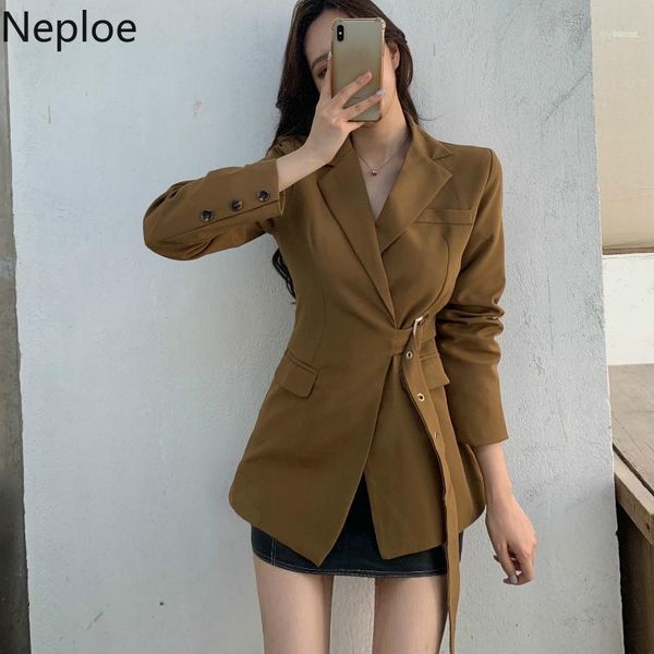 

neploe korean chic retro work style blazer women slim waist lace up solid slim casaco turn down collar long sleeve coat 4982411, White;black