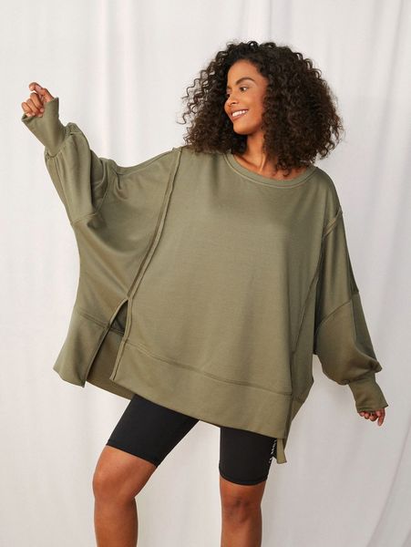 

press crease batwing sleeve split high low hem pullover u88b#, White;black