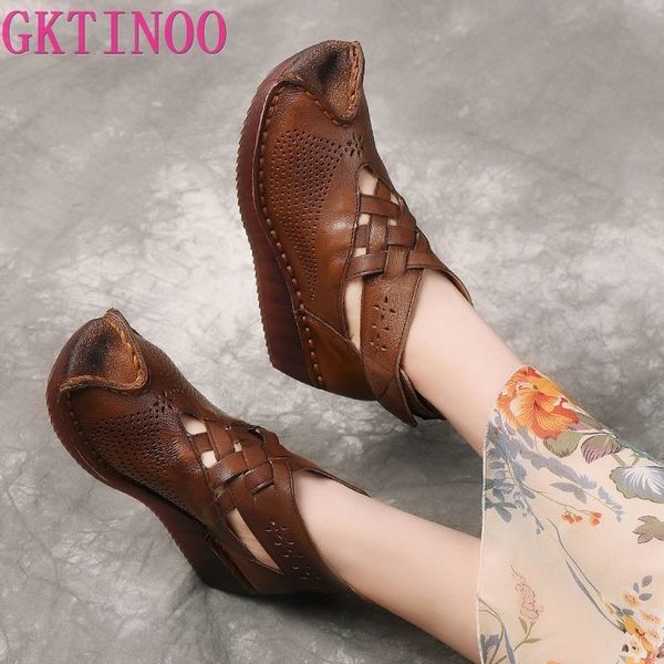 

gktinoo summer women boots casual ankle genuine leather cut-outs retro handmade women's shoes hook&loop wedges y200723, Black