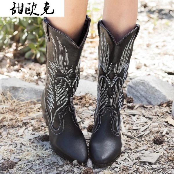 

2020 winter women mid calf boots cowboy pointed toe mid high pull on boots ladies fashion leather motorcycle botas mujer, Black
