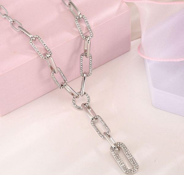 

gold silver color paper clip thick chain necklace female sweater accessories shiny rhinestone stitching clavicle choker necklace jllijfg