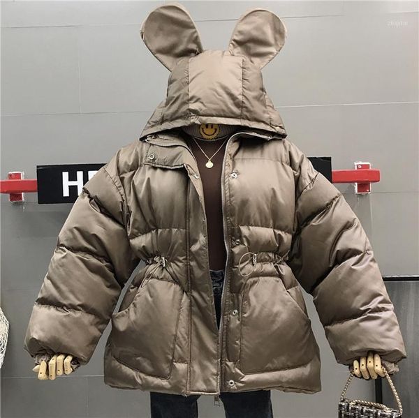 

mooirue 2019 winter cute ears warm parkas women high waist casual streetwear solid jackets loose cotton-padded harajuku coats1, Black
