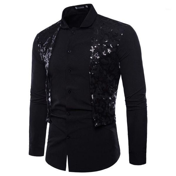 

men's luxury sequined dress shirt long sleeved shiny disco party shirt men's stage dance nightclub ball dress1, White;black