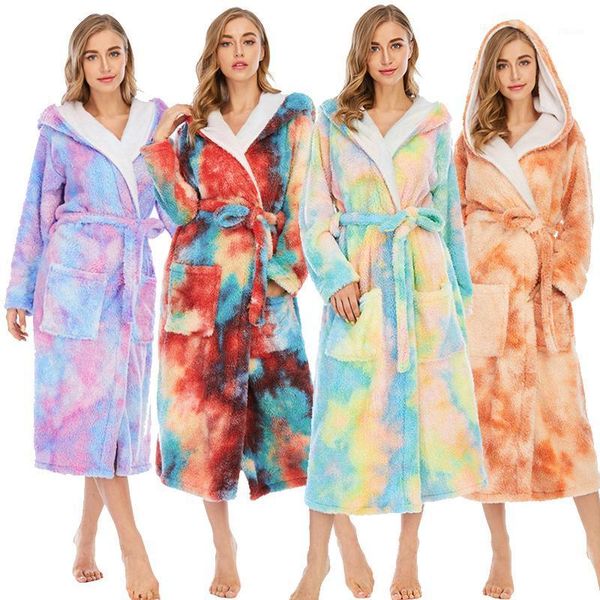 

women man hooded coral fleece bath robe sleepwear 2020 winter rainbow colorful tie dye couple bathrobe thick warm female robe1, Black;red