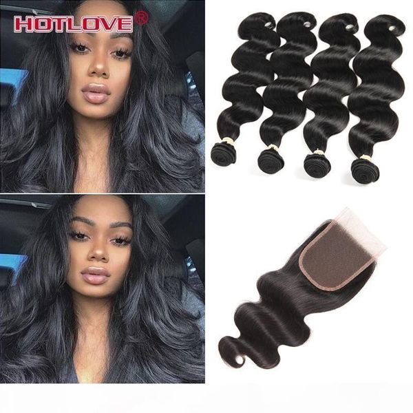 

ove unprocessed indian virgin hair with lace closure indian body wave with closure 4 bundles human hair with closure good quality weave, Black;brown