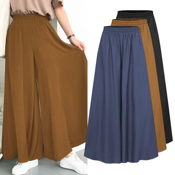 

women elastic waist pants capris 2020 ladies wide leg trousers zanzea casual summer loose solid pantalon palazzo oversize 5xl, Black;white
