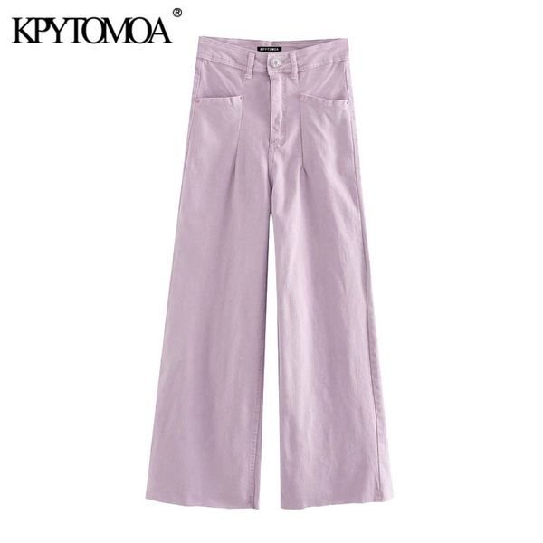 KPYTOMOA Frauen Chic Mode Hohe Taille Gerade Jeans Vintage Zipper Fly Taschen Ausgefranste Saum Weibliche Denim Hosen Mujer 201029