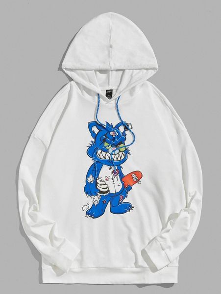 

men cartoon graphic drop shoulder drawstring hoodie m6ol#, Black