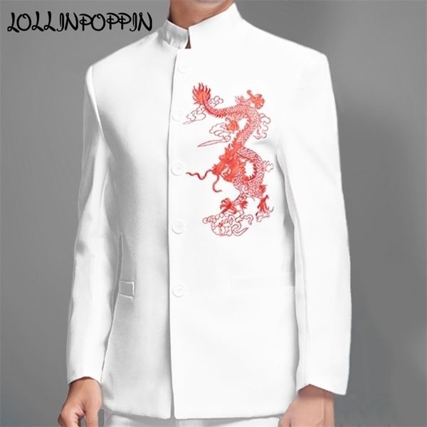 Chinês tradicional mens dragão bordado branco terno jaqueta jaqueta de casamento de gola de mandarina para homens jaquetas de terno oriental Tang 201106