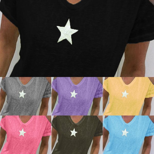 

2020 new women's v-neck five pointed star coat t-shirt knitted women'sshoulder short sleeve t-shirt vlyjb, White