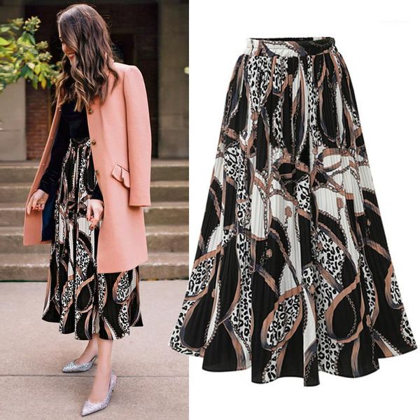 

2020 skirts womens high street fashion leopard chain print chiffon pleated skirt elastic high waist a line midi skirt women1, Black