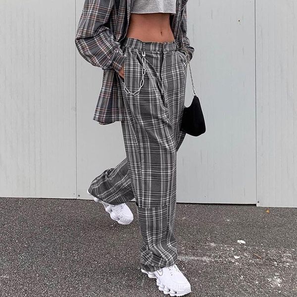 

women's pants & capris street style loose plaids straight trousers women fashion autumn spring button high waist baggy long streetwear, Black;white