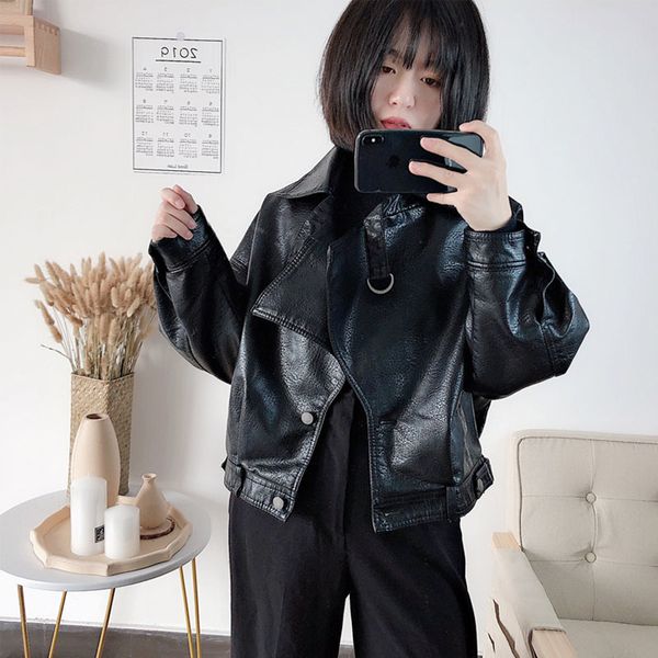 

2021 new mulheres falso solto plutnio da motocicleta de couro batwing manga curta feminino jaqueta do k6b2, Black