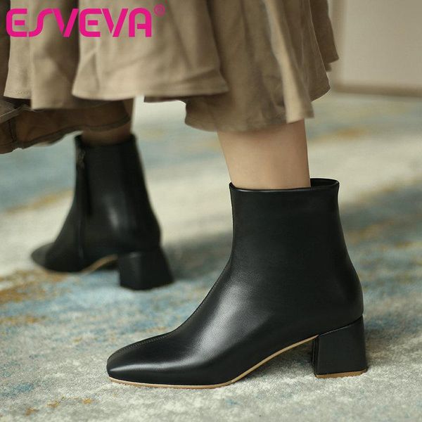 

esveva 2021 elegant genuine leather+pu zipper ankle boots women boots winter women shoes med heel black size 34-43