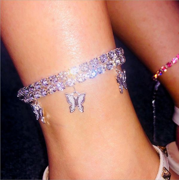

fashion butterfly anklet iced out ankle bracelets gold silver tennis chain anklets women hip hop jewelry fashion design, Black