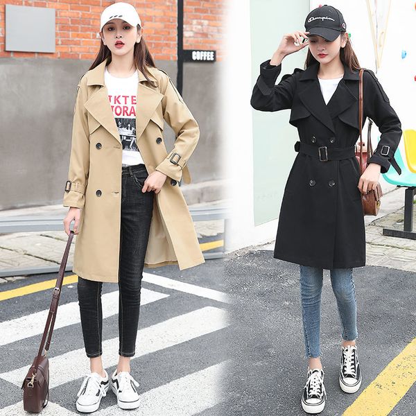 

windbreaker women's spring and autumn new korean loose students short khaki coat women double breasted long trench outwear k484, Tan;black