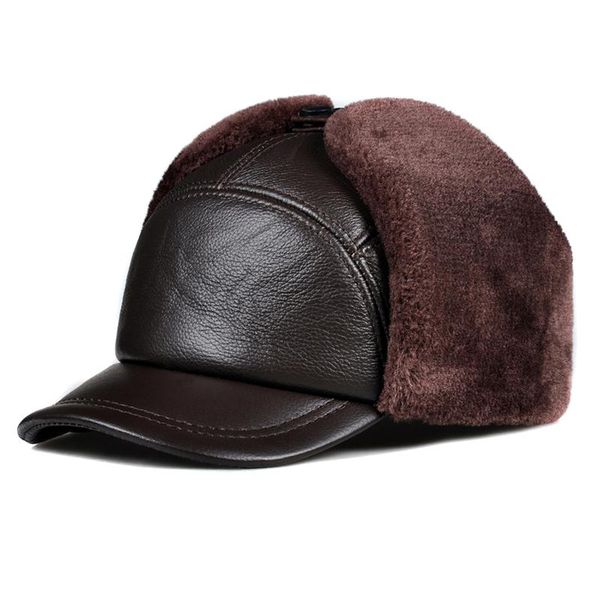 

winter men 100% genuine leather faux fur hat male warm tag thick velvet bomber hats elderly earflap moto windproof snow caps, Blue;gray
