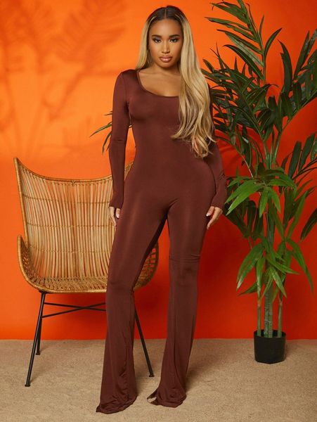 

cut out lace up back scoop neck flare leg jumpsuit b73n#, White