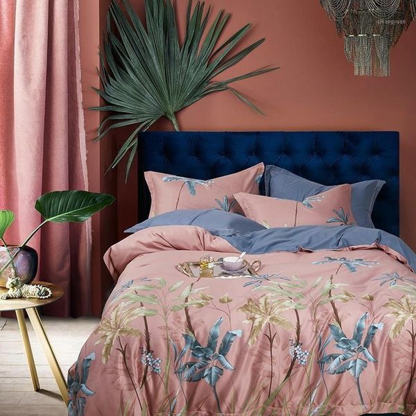 

full  duvet cover set 100%cotton yellow pink soft bedding set tropical palm tree leaves duvet cover bed sheet pillowcases1
