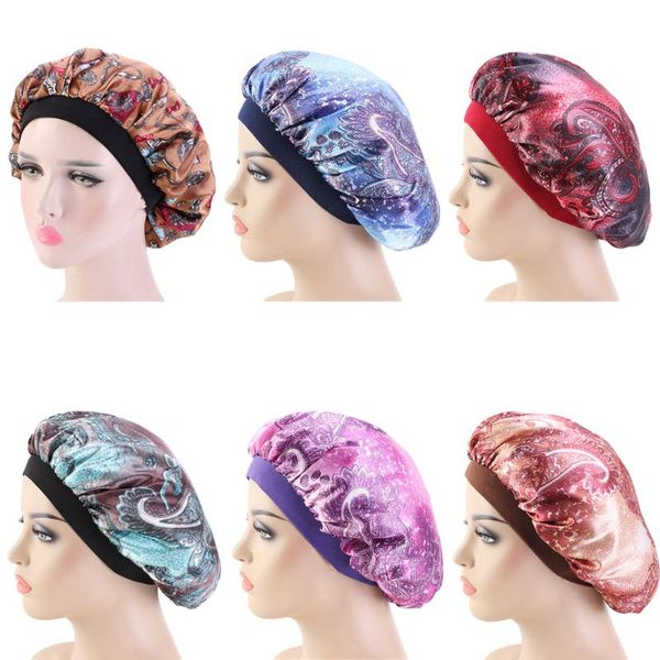 

beanie/skull caps lady extra hair styling sleep cap with elastic band women female casual satin bonnet sleeping layer smooth care tool, Blue;gray