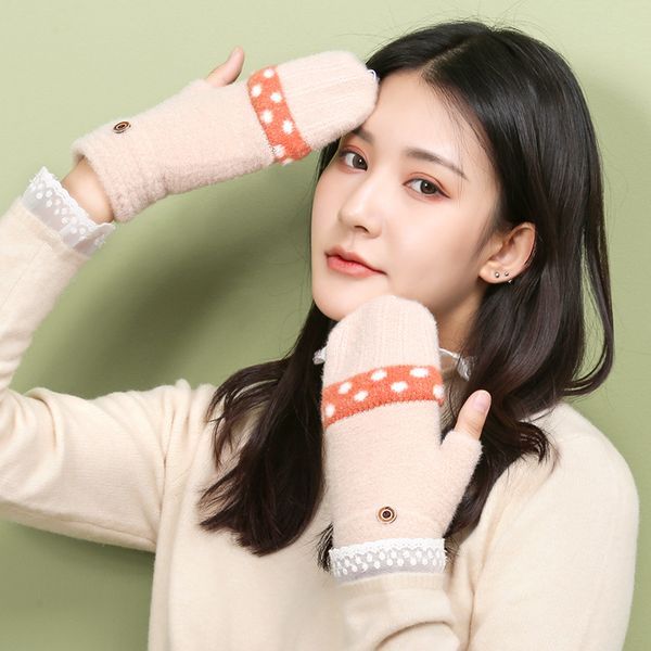 

half finger gloves winter women ins cute plush warm touch screen cycling cold proof korean edition student writing flap, Blue;gray