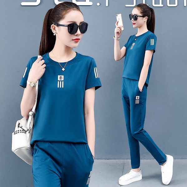 

sports fashion women 2020 summer new fashion brand wanghong foreign style casual temperament two piece short sleeve trousers set pants suit, Gray