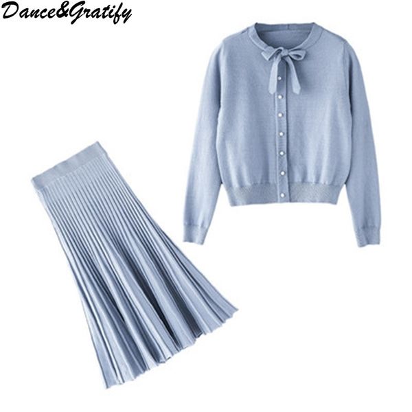 

fashion sweet girl 2 / two pieces sets elegant slim bow collar knitted sweater + pleated skirt suit for women clothing 201130, White
