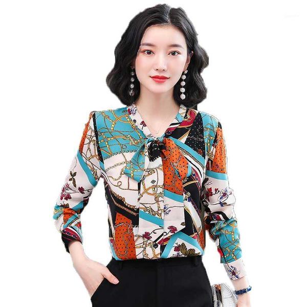 

woman feminina women's vintage blouse fashion clothes 2021 spring autumn chiffon printed shirts d00021, White