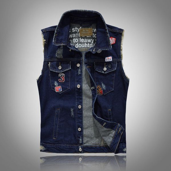 

2021 new fashion streetwear patches slim fit ripped denim vest men newly designer hip hop chaqueta veste 935w, Black;white