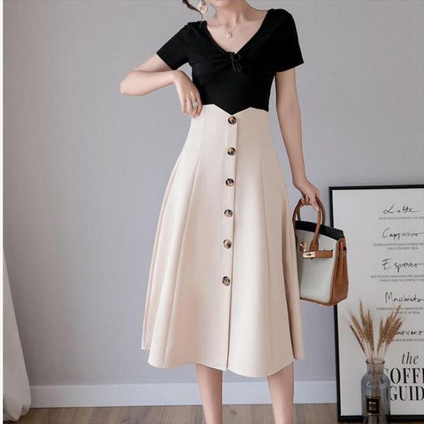 

женщины весна кнопка midi плиссированные юбки вскользь сладкие оборками высокой талией юбки лета тонкий сплошной цвет юбки, Black