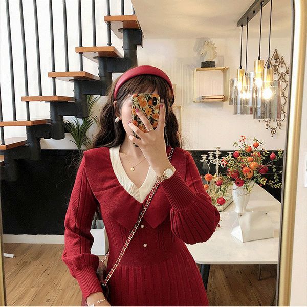 

2021 new elegant flashlight sleeve the thread knitted temperament v neck standard female sweater twist autumn dress red y257 aqv8, Black;gray