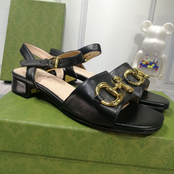 

women's chunky heels sandals real leather fashion woman shoes metal buckle parties luxury low-heeled shoe size 35- 41 with box, Black