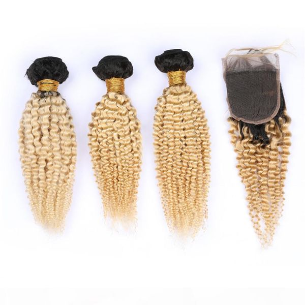 

#1b 613 blonde ombre virgin brazilian human hair wefts with closure 3bundles blonde ombre kinky curly weaves with 4x4 lace closure, Black
