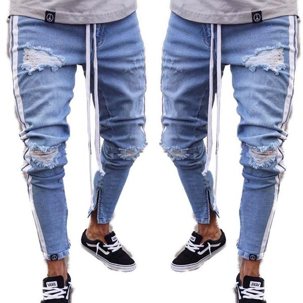 

new style with holes elastic leg jeans pants men's, Blue