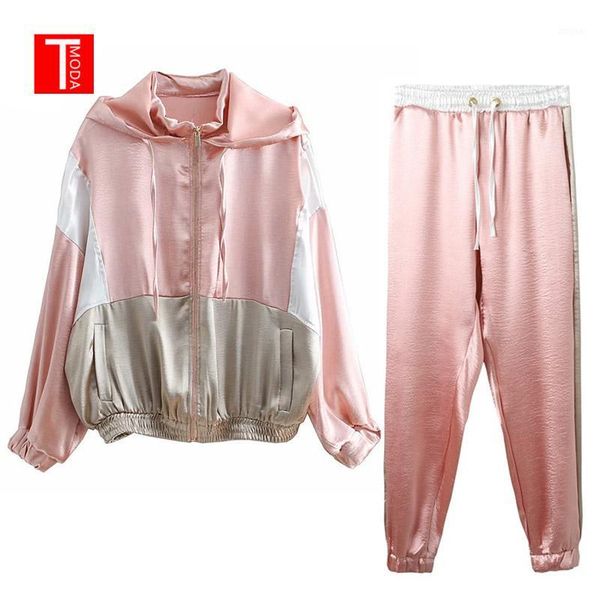 

set female vintage pink contrast color baseball bomber pullover jacket women and pencil jogging pants suits two piece sets1, White