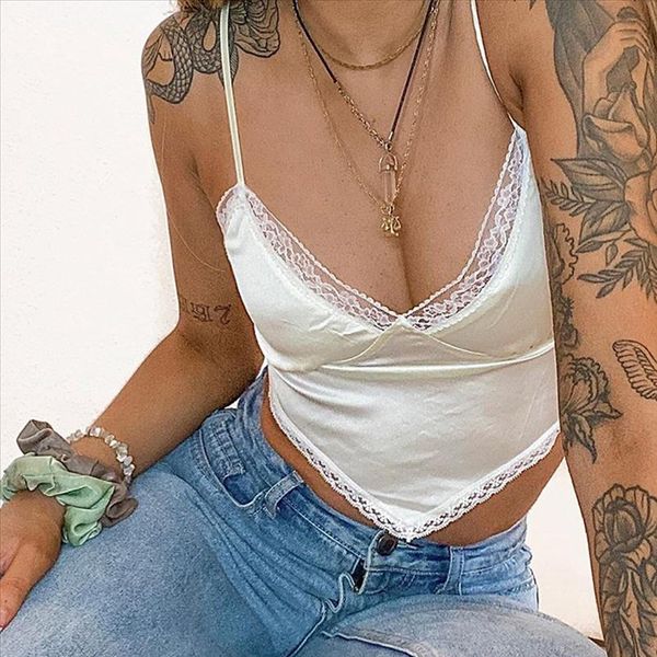 

women crop e girl bandage lace trim cami y2k sweet spaghetti strap v neck backless satin crop streetwear party, White