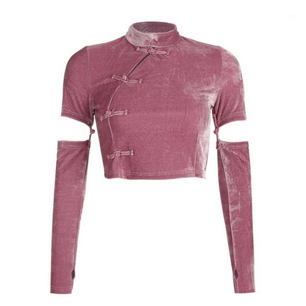 

2019 women velvet chinese style stand collar t shirt patchwork long sleeve crop spring autumn tees vkts11181, Red