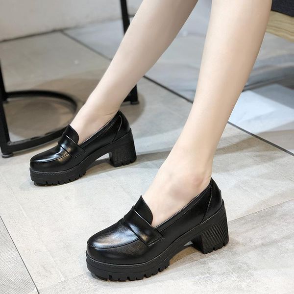 

high heels platform pumps mujer 2021 spring new fashion buckle solid black shoes woman pu leather waterproof shoes femme yuj7