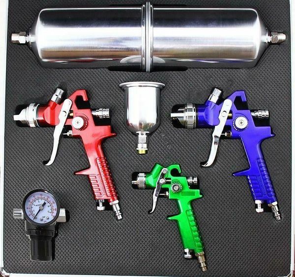 

3 hvlp air spray gun kit auto paint car primer detail basecoat clearcoat w/ case