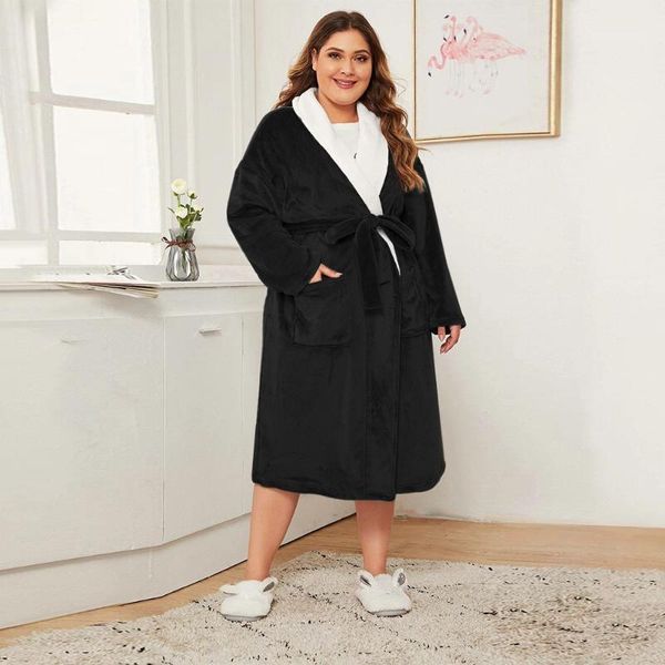 

women's sleepwear thicker warmer bathrobe women flannel patchwork color contrast nightgown soft winter pockets drawstring girls long ro, Black;red